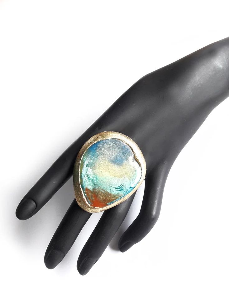 Huge Brutalist Ring Large Blue Gold Ring Contemporary Ring - Etsy Bosnia and Herzegovina Unique Hand Painted Adjustable Rings, Artistic Hand Painted Ring Jewelry, Artsy Blue Metal Jewelry, Handmade Multicolor Metal Rings, Unique Hand Painted Rings, Bohemian Blue Jewelry With Metal Ring, Blue Bohemian Jewelry With Metal Ring, Unique Handmade Blue Jewelry, Artistic Blue Metal Jewelry