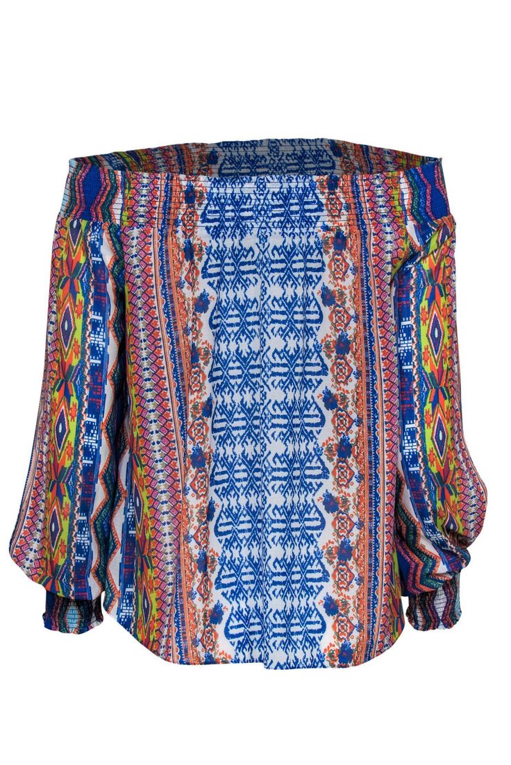 Bring the party wherever you go in this fun blouse from Ramy Brook! A bright and bold Aztec-inspired print in an off-the-shoulder silhouette makes this eye-catching piece perfect for a hot summer night out! You'll be sure to sizzle when you pair this with a miniskirt and colorful heels. Size XS/S 100% Polyester Pullover closure Unlined Off-the-shoulder design w/ elastic Long sleeve Multicolored Aztec print design Bust 29" Sleeve length 37" Sleeve length 19" Shoulder to hem 20" Bohemian Tops With Bold Print For Spring, Bohemian Bold Print Top For Spring, Bohemian Top With Bold Print For Spring, Trendy Summer Party Off-shoulder Top, Bohemian Long Sleeve Off-shoulder Top For Vacation, Blue Long Sleeve Off-shoulder Top For Spring, Trendy Blue Abstract Print Top, Trendy Abstract Print Party Tops, Trendy Abstract Print Tops For Party