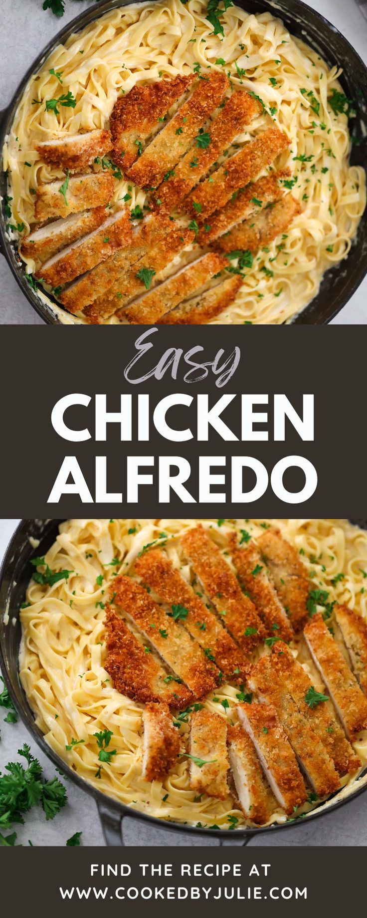 chicken alfredo in a skillet with parsley on top