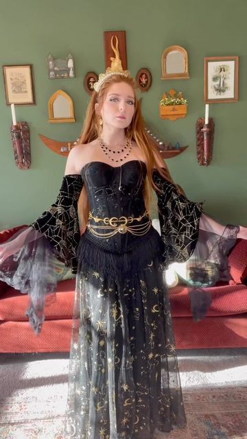 Moon Goddess Costume Dresses, Gold Witch Costume, Nyx Goddess Halloween Costume, Space Witch Costume, Corset Belt Over Dress, Tarot Card Dress, Moon Goddess Costume Halloween, Celestial Witch Costume Ideas, Witches Ball Outfit