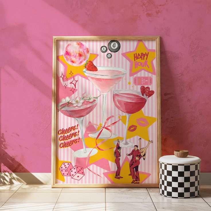 a pink and yellow wall with a framed poster on it that says happy birthday to you