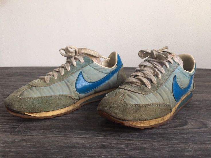 1980's Nike Trainers.  Women's Size 8 Suede and nylon uppers with leather swoosh.  Waffle soles.  Outsole measures 10 1/8”, insole 9 6/8”.  See other unique styled shoes in my shop StreetStyler7  Please contact me with any questions before purchasing.  Thanks! S1 Nike Gear, Nike Trainers, Shoes Blue, Nike Sneakers, Running Sneakers, Sneakers Shoes, Brooks Sneaker, Blue Shoes, Vintage Nike