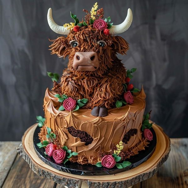 a cake decorated to look like a cow with horns and flowers on it's head