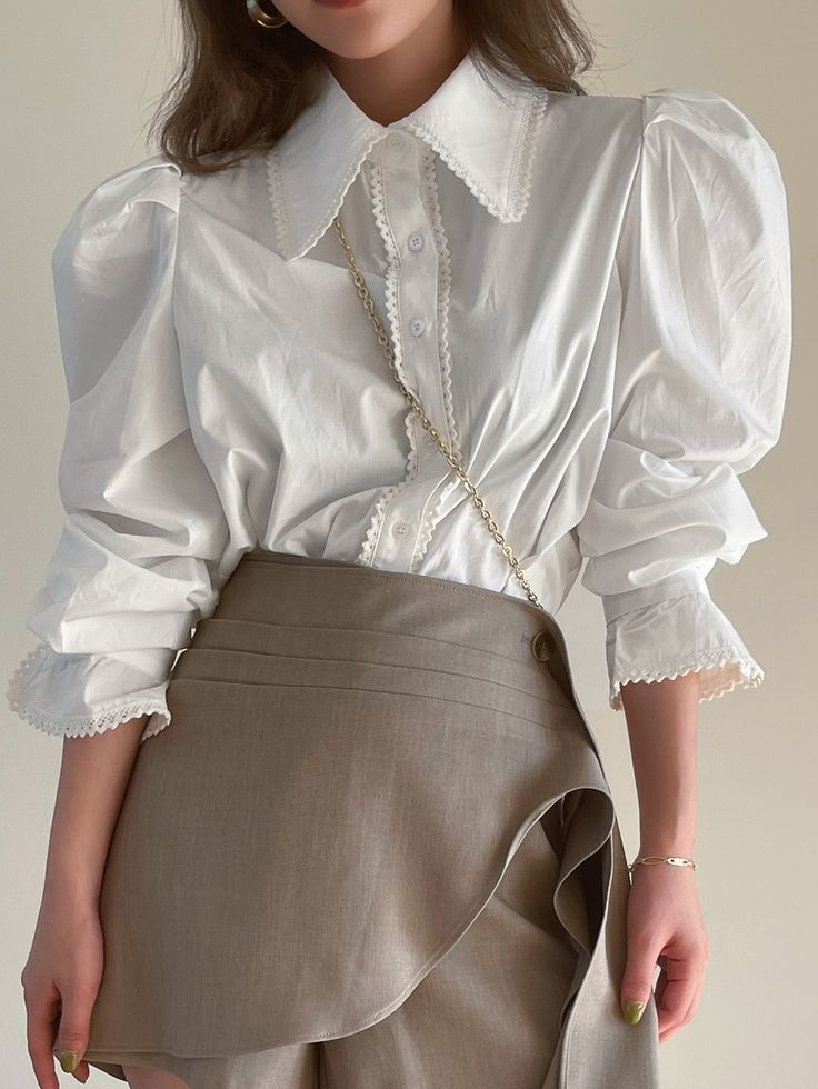 White Elegant Collar Long Sleeve Fabric Plain Shirt Embellished Non-Stretch  Women Tops, Blouses & Tee Puffy Shirts Women, Shirt With Poofy Sleeves, Fancy Collar Shirt, Shoulder Puff Sleeve Blouse, White Blouse Puffy Sleeves, White Shirt Puffy Sleeves, White Puff Sleeve Shirt, White Shirt With Puffy Sleeves, Puffy Shirt Outfit