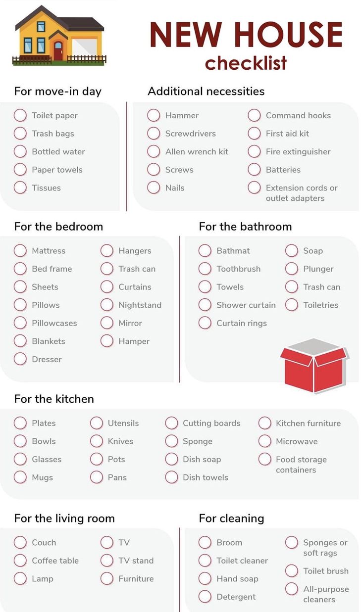 the new house checklist is shown in red and white, with instructions on how to use