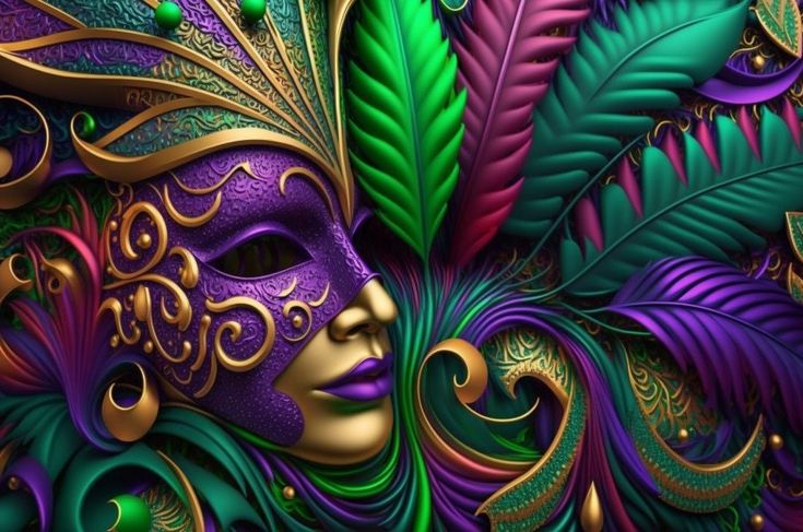 a purple mask with green leaves and gold lettering on the face is surrounded by feathers