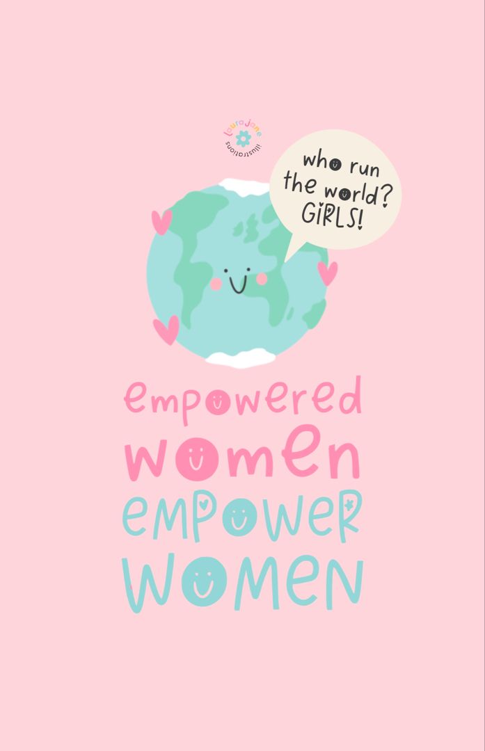 a pink background with an illustration of a woman's face and the words, emo powered women empower women