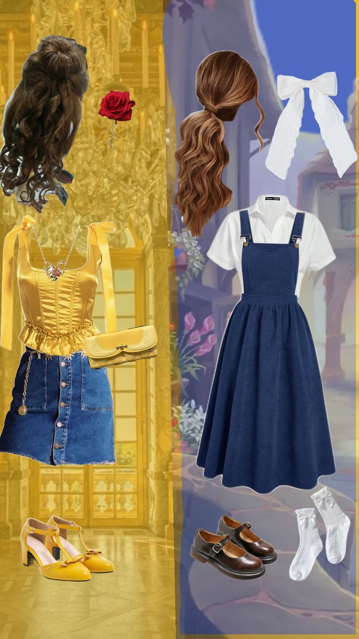 a collage of different outfits and shoes for girls with long hair, blue denim overalls, white shirt and yellow ribbon