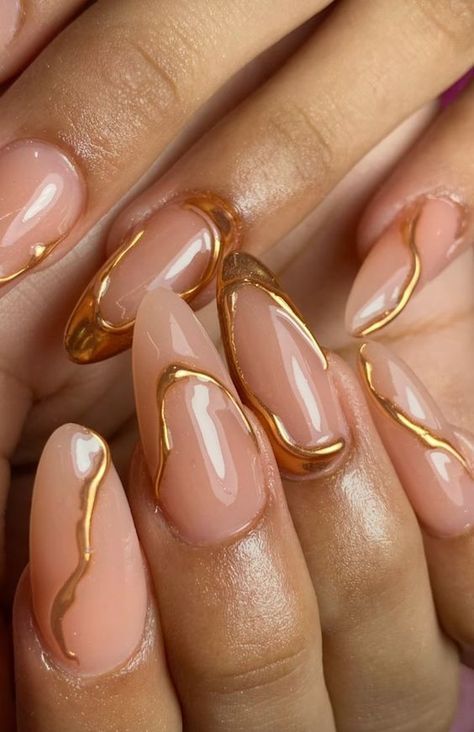 #nail design #nail inspo #elegant nails #nails #elegant nails #trendy nails #minimalist nails #cool nail inspo #nails idea #nude nail designs #graduation nails #summer nails #coffin nails designs #coffin nails #grad nails #summer toe nails #spring nails #nail ideas #nails acrylic #nail designs #nail inspo #nagels #nägel inspiration Abstract Gold Chrome Nails, Almond Gold Nails Designs, Molten Gold Nails, Gold Squiggle Nails, Gold Trim Nails, Gold And Nude Nail Designs, Almond Nails Gold Designs, Nude Gold Nail Designs, Gold Almond Nails Designs