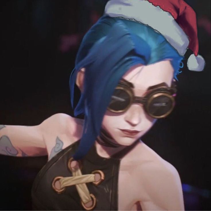 a woman with blue hair wearing goggles and a cross on her chest is looking at the camera