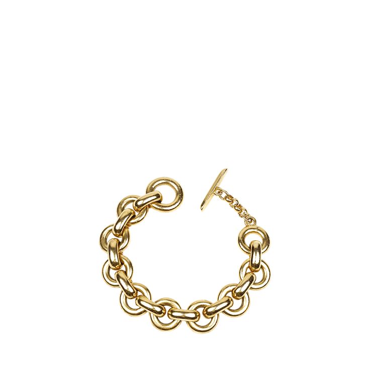 Ben-Amun chain-link bracelet. 24-karat gold electroplating. Toggle clasp. Made in USA. Yellow Gold-plated Bracelet With Toggle Clasp, Yellow Gold Plated Bracelet With Toggle Clasp, Elegant Gold-plated Chain Bracelet With Toggle Clasp, Yellow Gold Link Bracelets With Chunky Chain, Yellow Gold Bracelet With Toggle Clasp, Gold Luxury Chain Ring, Gold Chain Bracelet With Toggle Clasp And Rectangular Links, Gold-tone Metal Bracelet With Toggle Clasp, Modern Gold Chain Ring With Oval Link