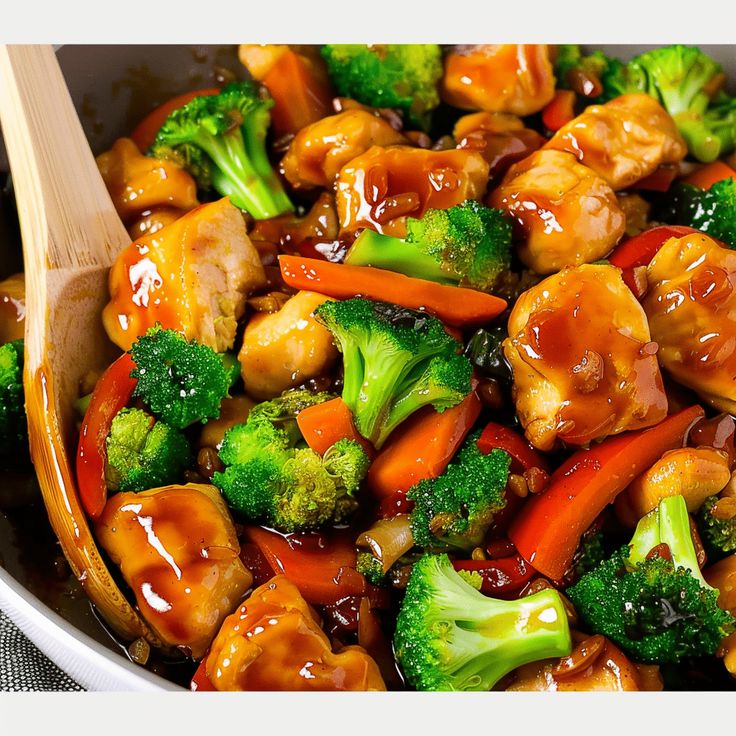 chicken and broccoli stir fry in a pan with a wooden spoon