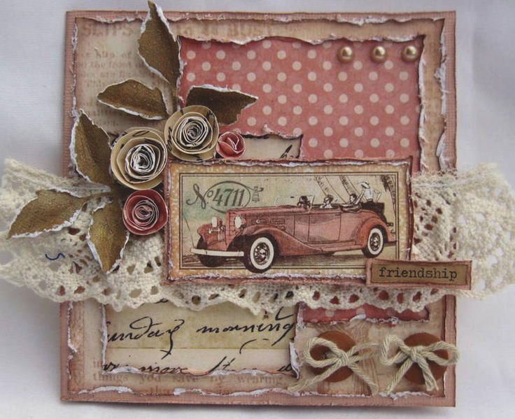 an altered card with lace and flowers on it, featuring a vintage car in the background