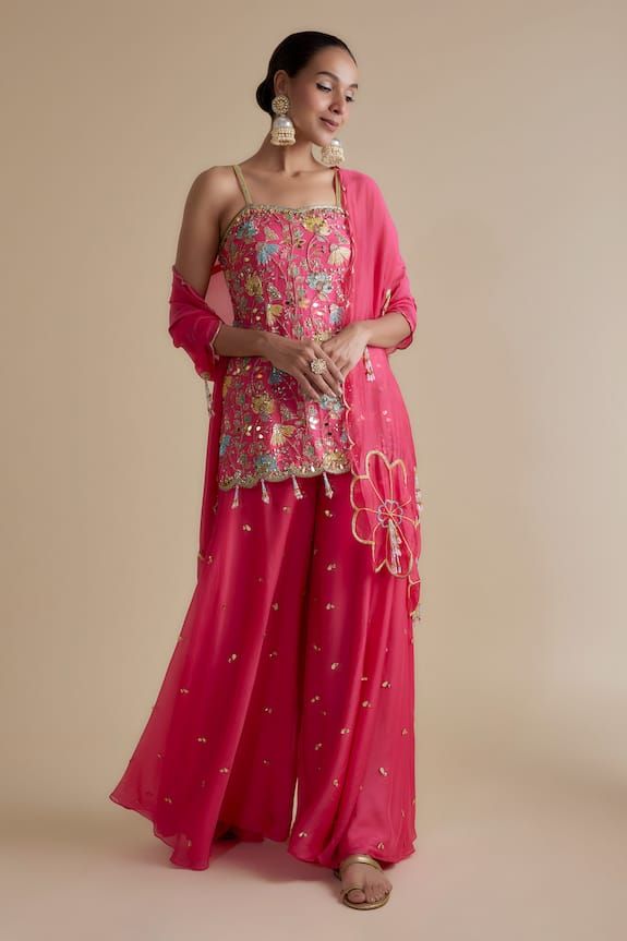 Pink kurta with multicolor cutdana, gold sequin, mirror embellishment in floral pattern. Paired with embellished palazzo and dupatta. - Aza Fashions Bollywood Style Multicolor Embroidered Sequin Sets, Wedding Sets With Multicolor Embroidery And Sequins, Festive Multicolor Embroidered Sequined Sets, Festive Multicolor Embroidery Sequined Sets, Festive Sets With Multicolor Embroidery And Sequins, Traditional Sets With Multicolor Embroidery And Sequins, Sleeveless Festive Set With Multicolor Embroidery, Festive Sleeveless Set With Multicolor Embroidery, Party Sets In Georgette With Multicolor Embroidery