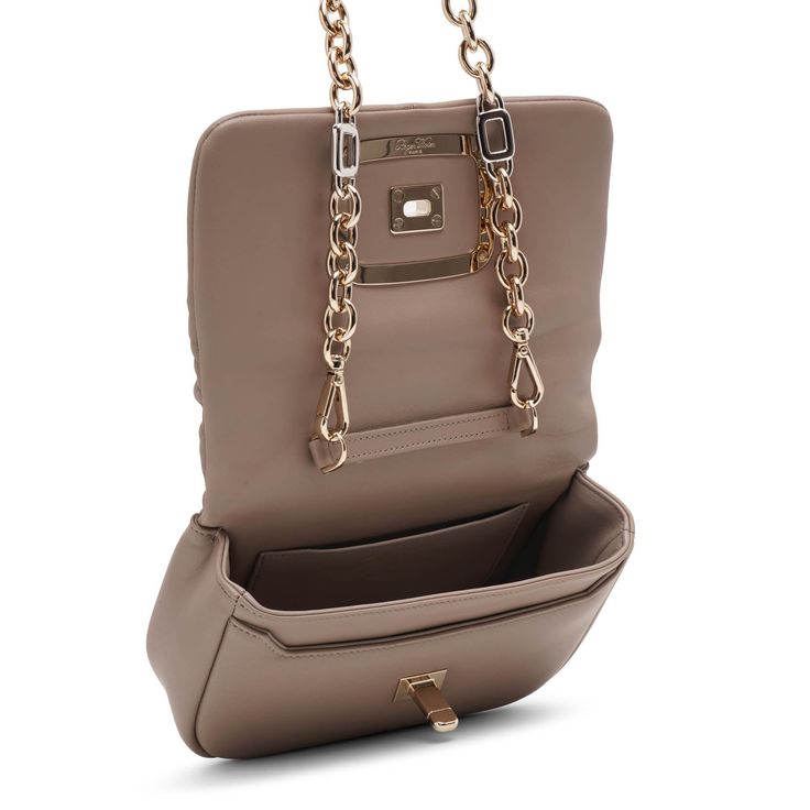 Beige leather crossbody bag from Roger Vivier. The Vic Choc crossbody bag is made of leather with an elegant drape and iconic branded metal rounded buckle. It is closed with flap and magnetic button, and comes with a removable shoulder strap and zipped pocket on the back. Measurements: L24 x H12.5 x W6 cmMade in Italy Luxury Beige Flap Bag, Luxury Beige Flap Bag With Removable Pouch, Designer Taupe Top Handle Shoulder Bag, Chic Beige Saddle Bag For Formal Occasions, Chic Beige Formal Saddle Bag, Beige Flap Bag With Gold-tone Hardware, Luxury Taupe Evening Bag, Beige Flap Bag With Gold-tone Hardware For Work, Designer Taupe Shoulder Bag With Gold-tone Hardware