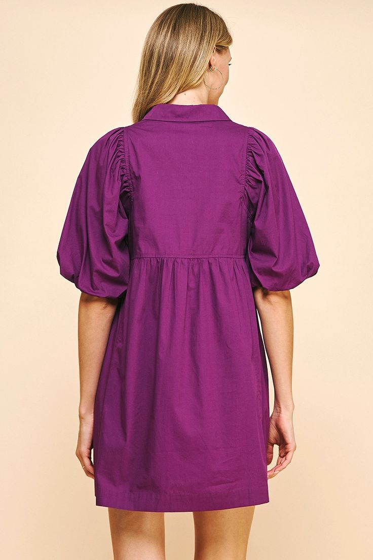 Easy Essential Collared Mini Dress - Eggplant Purple Purple solid mini dress Collared V-neckline Short bubble sleeves Pockets Relaxed fit 100% Cotton Collared Mini Dress, Plus Size Romper, Eggplant Purple, Online Tops, New Arrival Dress, Collar Dress, Online Boutiques, Tee Shop, Eggplant