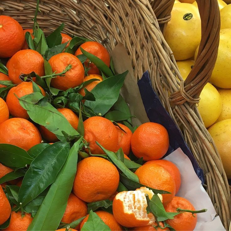 oranges and lemons in wicker baskets on display