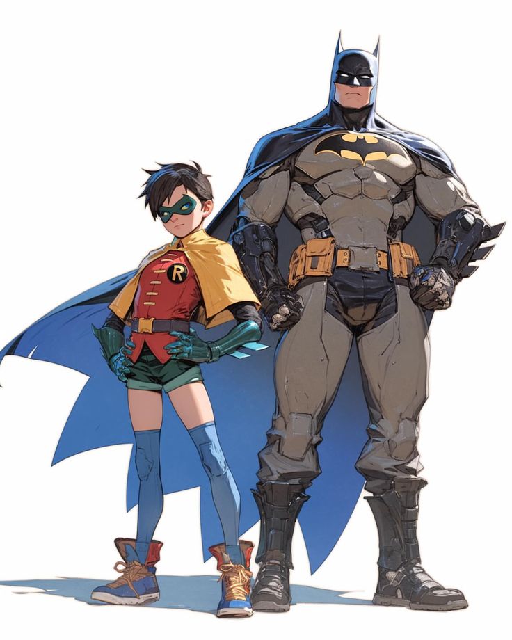 batman and robin wayne are standing next to each other in front of a white background