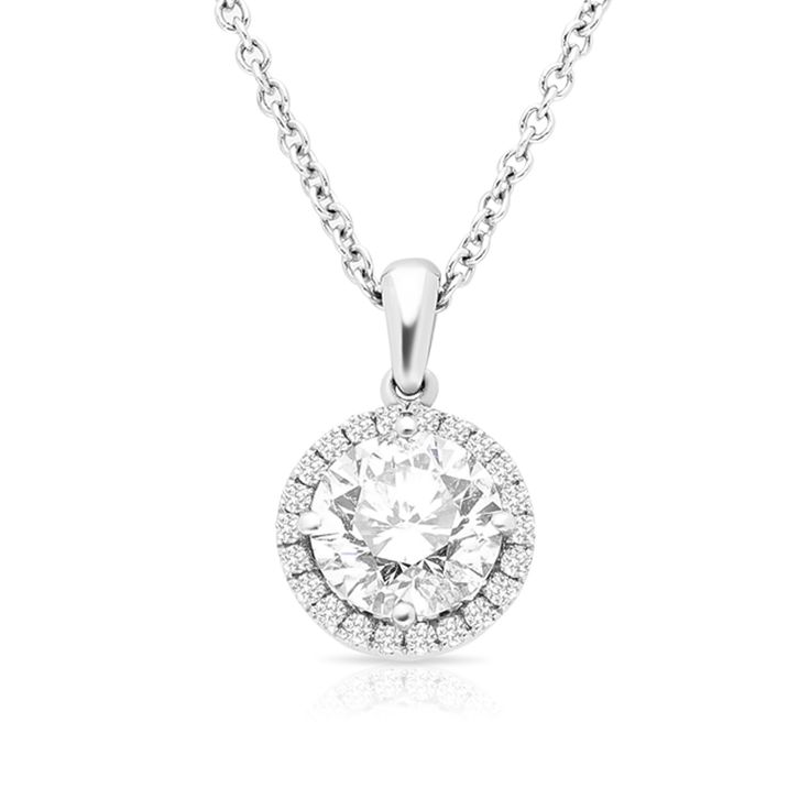 Surprise the one you adore with this classic 18K white gold Diamond Halo Pendant Necklace. The shimmering pendant showcases a classic round brilliant cut diamond artfully set to enhance size and sparkle - wrapped in a pave-lined white diamond halo. This radiant look is one she'll turn to often, everyday and on special occasions. An amazing and thoughtful anniversary gift for your loved one. 18 Karat White Gold Total Diamonds Weight: 1.35 carat Center Diamond Weight 1.25 Carat Shape: Round Brilli Halo Pendant Diamond Necklace With Cubic Zirconia, Diamond Necklace With Halo Setting, Cubic Zirconia Halo Pendant Diamond Necklace, Halo Pendant Cubic Zirconia Diamond Necklace, Halo Cubic Zirconia Pendant Diamond Necklace, Classic Halo Diamond Necklace In Cubic Zirconia, Classic Cubic Zirconia Diamond Necklace With Halo, Classic Halo Diamond Necklace With Round Pendant, Classic Cubic Zirconia Halo Diamond Necklace