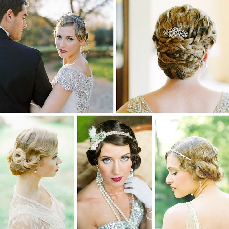 four pictures of different styles of wedding hair and make - up, including the bride's headpieces