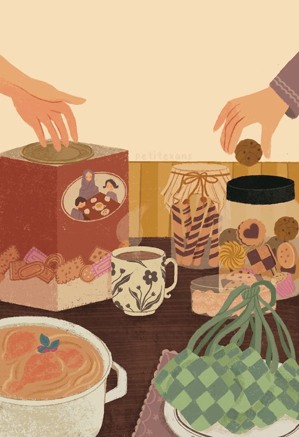 a painting of food on a table with two hands reaching for something in the bowl