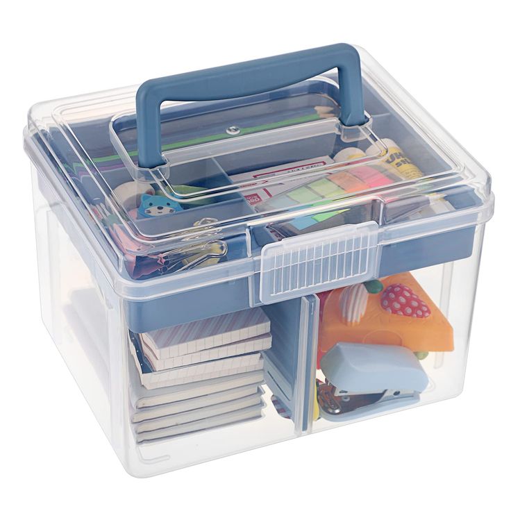 PRICES MAY VARY. Premium & Durable Quality: This clear plastic storage box is made of premium pp material, which is non-toxic and odorless. It is lightweight and has long service life. Can be used as a universal medicine box at home,office, school etc. Product Size: Measures by 8.3x6.7x5.8 inches/21x17x14.7cm with 7.9x6.1x1.2 inches/20x15.5x3.1cm removable tray. Enough space for storing many differernt items such as pencils, markers, brushes, erasers, first aid supplies, cosmetics and other smal Box With Handle, Marker Storage, Organize Craft Supplies, Tray Design, Box Houses, Stationery Storage, Stationery Store, Ceiling Fan In Kitchen, Plastic Box Storage