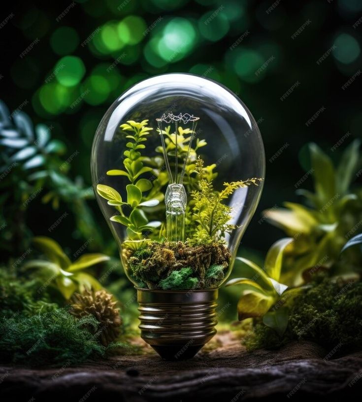 a light bulb filled with plants and moss