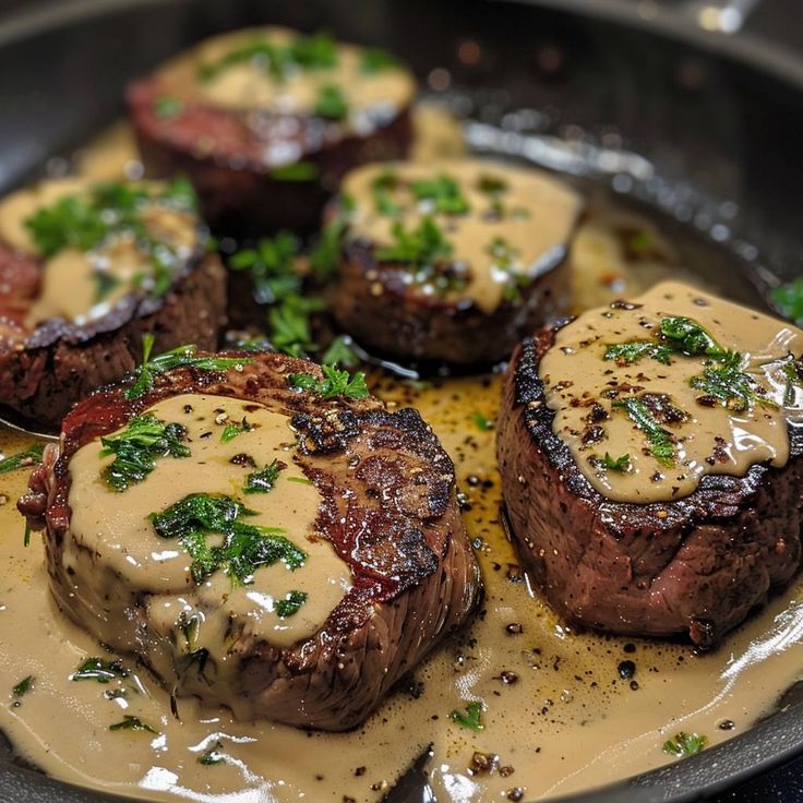 steaks with sauce and parsley on top in a skillet, ready to be eaten