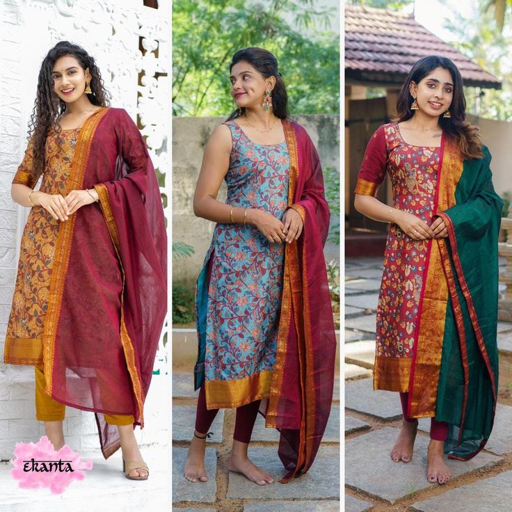 Celebrate timeless traditions with these elegant Indian chanderi print kurta sets. Featuring exquisite chanderi silk fabric, these kurtas are beautifully adorned with detailed floral prints and come with matching narayanpet dupattas. The contrast of rich gold zari borders adds a regal touch, making these ensembles perfect for festive occasions, weddings, or traditional gatherings. Designed to offer comfort without compromising on style, these kurtas are available in sizes from XS to XXL, catering to a wide range of fits. Each set offers a blend of contemporary and traditional design elements, crafted with precision for a luxurious feel. Product Details: Material: Premium chanderi silk with floral print detailing and zari borders Color Options: Maroon, Teal blue, and Mustard tones with cont Festive Anarkali Kurta With Kalamkari Print, Traditional Anarkali Set With Kalamkari Print, Festive Transitional Anarkali Set With Kalamkari Print, Traditional Chanderi Palazzo Set With Bandhani Print, Designer Kalamkari Print Churidar For Diwali, Cotton Silk Sets For Puja During Navratri, Festive Straight Kurta With Kalamkari Print, Traditional Churidar With Kalamkari Print For Designer Wear, Festive Salwar Kameez With Kalamkari Print