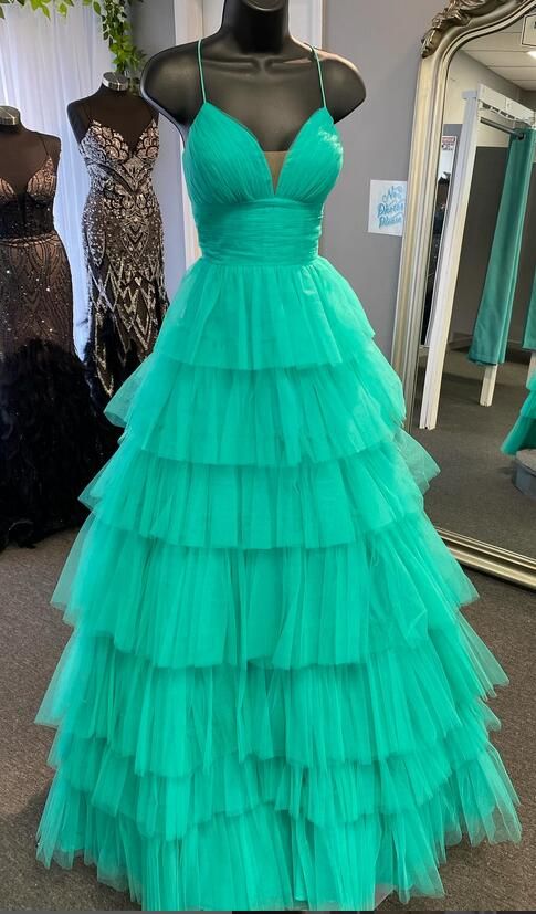 A-line Tulle Evening Dress With Ruffles, Maxi Length Evening Dress With Ruffled Skirt, Green Tulle Evening Dress With Ruffles, Green Ruffled Prom Evening Dress, Green Ruffled Evening Dress For Prom, Prom Dresses With Voluminous Floor-length Skirt, Formal Tulle Dress With Ruffled Skirt, Floor-length Voluminous Skirt Prom Dress, Formal Dresses With Ruffle Hem Tiered Skirt