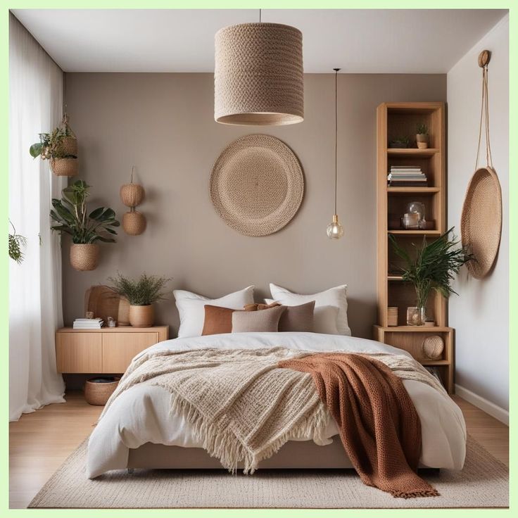 a bedroom with a large bed and lots of potted plants