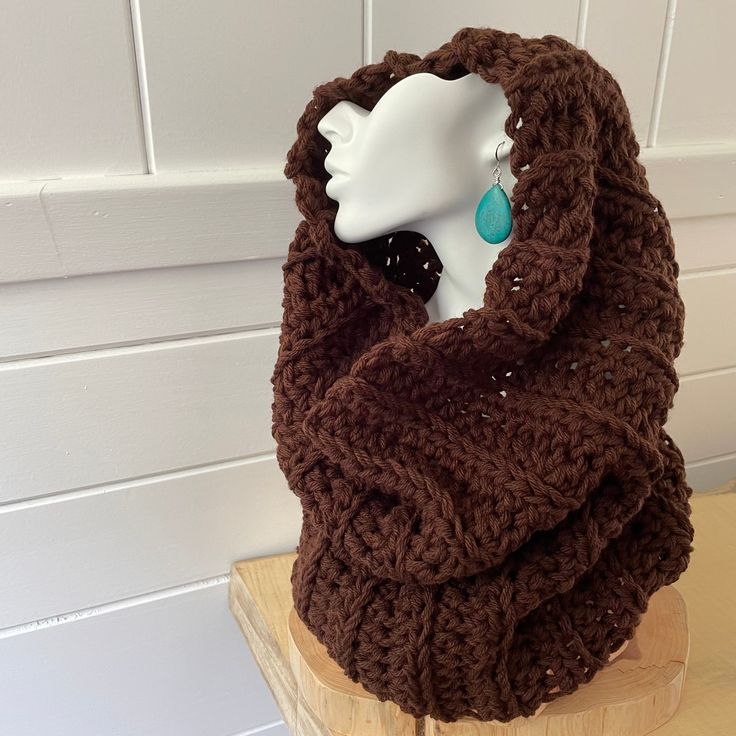 Chocolate Brown Cowl Scarf Hand Crochet Knit Winter Fall Men Women Unisex Retro Vintage Style Brown Knitted Pattern For Winter, Hand Knitted Brown Winter Knitting Pattern, Crochet Infinity Scarf, One Size For Winter, Casual Brown Knitted Scarf, Winter Chunky Knit Brown Knitting Pattern, Fall Knit Infinity Scarf, Cozy Brown Yarn Knitting Pattern, Brown Chunky Knit Yarn Knitting Pattern, Brown Crochet Knitting Pattern For Fall