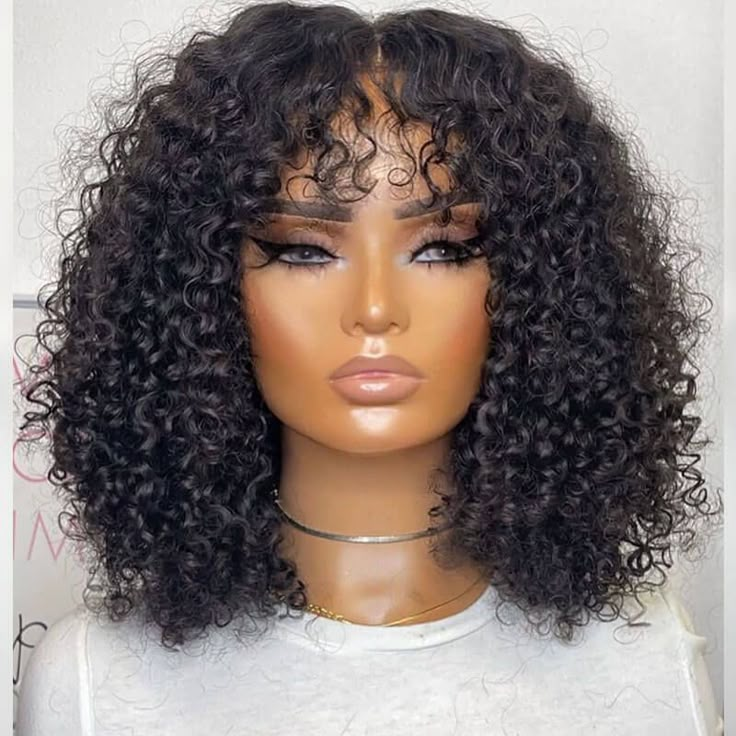 Short Fluffy Curly Human Hair Wig with Bangs Glueless Bob Wig Curly Glueless Wig, 16 Inch Hair, Curly Bob Wigs, Short Human Hair Wigs, Glueless Wig, Curly Hair Wig, Curly Human Hair Wig, Curly Hair With Bangs, Curly Wig