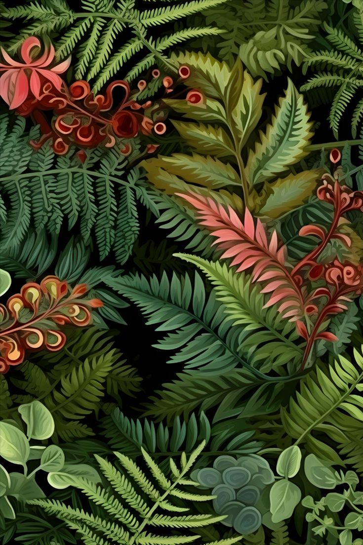 green and red ferns illustration Green Pattern Wallpaper, Forest Green Pattern, Design For Wallpaper, Forest Junk Journal, Fern Forest, Decoupage Papers, Fern Pattern, Forest Illustration, Seamless Paper