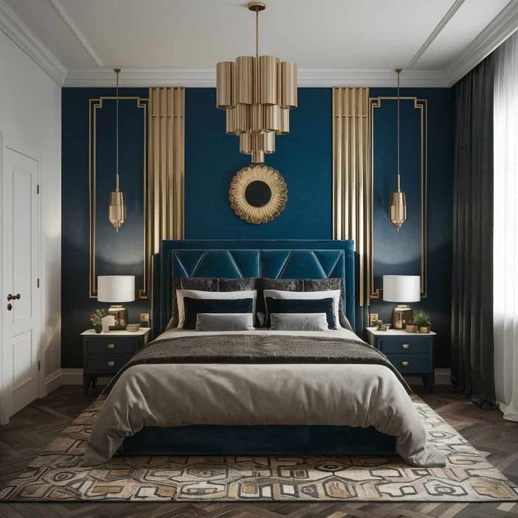 a bedroom with blue walls and gold accents on the headboard, two lamps hanging above the bed