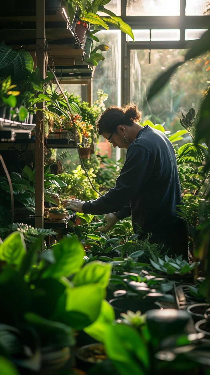 a person in a greenhouse tending to plants