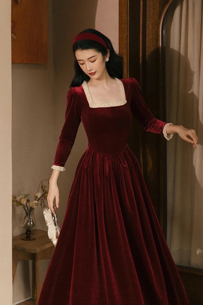 Even princesses get cold when the temperature drops. Maintain your stature and silhouette in this velvet dress that features a square neckline, 3/4 length sleeves, both adorned with frilly details, basque waistline and twirly midi skirt. Matches perfectly with a corset to further accentuate your figure. Opens easily with a concealed side zipper and fabric has stretch. S: 33" chest, 26.5" waist, 43" lengthM: 34.5" chest, 28" waist, 43" lengthL: 36" chest, 29.5" waist, 43.5" lengthXL: 37.5" chest, Velvet Dress Formal, Dinner Dresses, Purple Velvet Dress, Vintage Velvet Dress, French Dress, Formal Wear Dresses, Red Velvet Dress, Long Sleeve Prom, Velvet Midi Dress