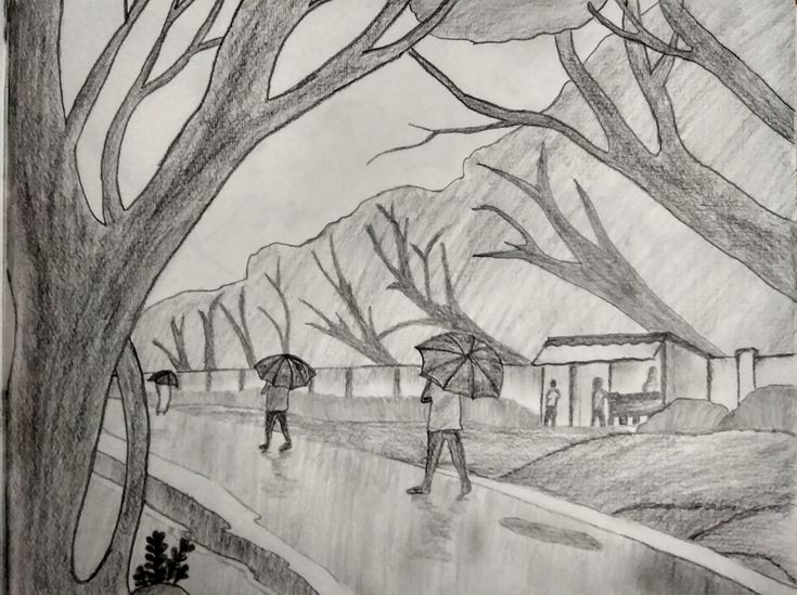 a drawing of two people walking in the rain with umbrellas and one person holding an umbrella