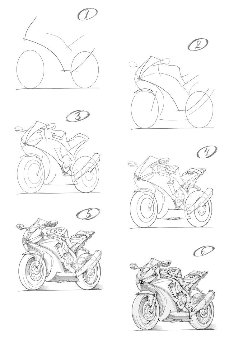 four different types of motorcycles are shown in this drawing