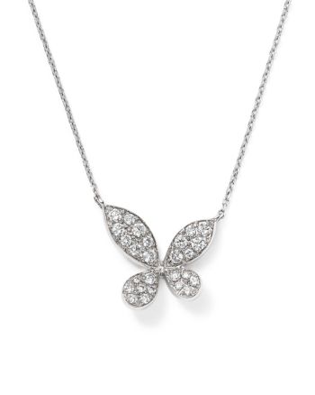 Pave diamonds deck out a darling butterfly pendant poised on a 14K white gold necklace. Fine Jewelry Butterfly Necklaces In White Gold, Elegant Cubic Zirconia Butterfly Pendant Necklace, White Gold Butterfly Necklace With Cubic Zirconia, Elegant White Gold Butterfly Pendant Necklace, Elegant White Sterling Silver Butterfly Necklace, Elegant Sterling Silver Butterfly Necklace For Formal Occasions, Elegant Formal Sterling Silver Butterfly Necklace, Formal White Gold Necklace With Butterfly Charm, Elegant Silver Butterfly Necklace In Cubic Zirconia