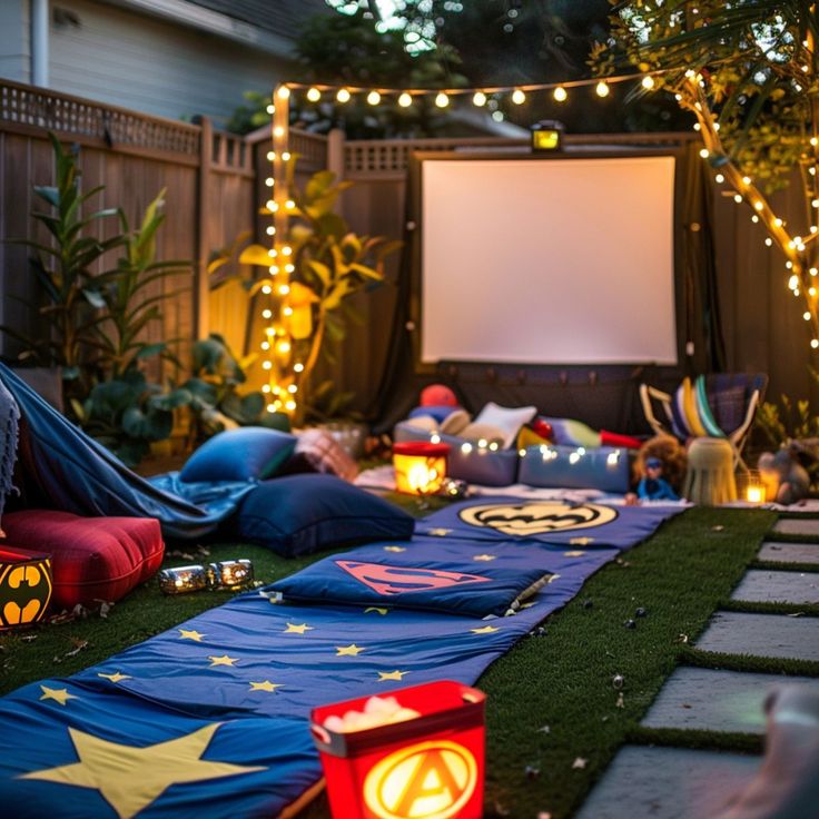 an outdoor movie area with lights and decorations