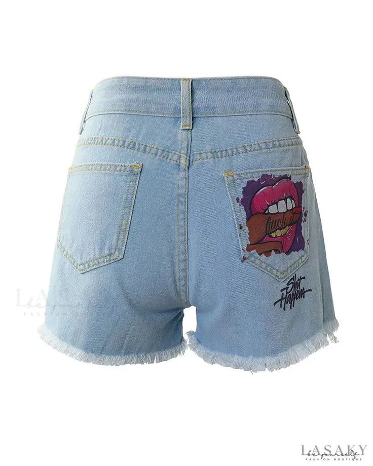 Lasaky - Lip letter print raw hem ripped denim shorts Summer Cotton Jeans With Letter Print, Summer Denim Bottoms With Letter Print, Summer Denim Jeans With Letter Print, Trendy Frayed Hem Jean Shorts For Streetwear, Trendy Jean Shorts With Frayed Hem For Streetwear, Casual Jean Shorts With Letter Print For Summer, Trendy Letter Print Shorts For Spring, Trendy Ripped Shorts For Streetwear, Trendy Short Bottoms With Letter Print