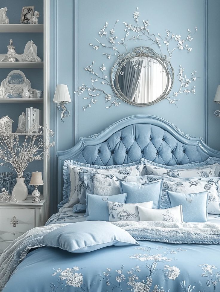 a bedroom with blue walls and white furniture in the corner, along with a large round mirror on the wall