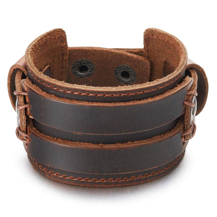 PRICES MAY VARY. Brown Genuine Leather Wristband Mens Wide Leather Bracelet with Snap Button Metal: Alloy Material: Brown Leather Dimension: length: 19-21CM(7.48-8.27"); width:4.5CM(1.77"); Weight: 30g Package: Bag with Brand Name COOLSTEELANDBEYOND *Condition: 100% brand new *Code: MB-2354 *Metal: Alloy *Material: Brown Leather *Dimension: length: 19-21CM(7.48-8.27"); width:4.5CM(1.77") *Weight: 30g *Package: Bag with Brand Name COOLSTEELANDBEYOND Leather Wristbands, Wristband Bracelet, New Metal, Stylish Design, Snap Button, Step Up, Unisex Fashion, Timeless Pieces, Leather Bracelet