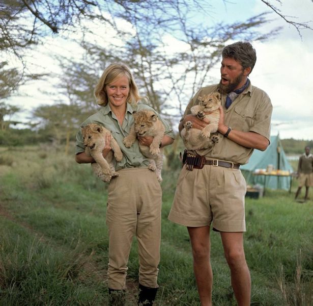 a man and woman holding two baby lions in their hands while standing next to each other