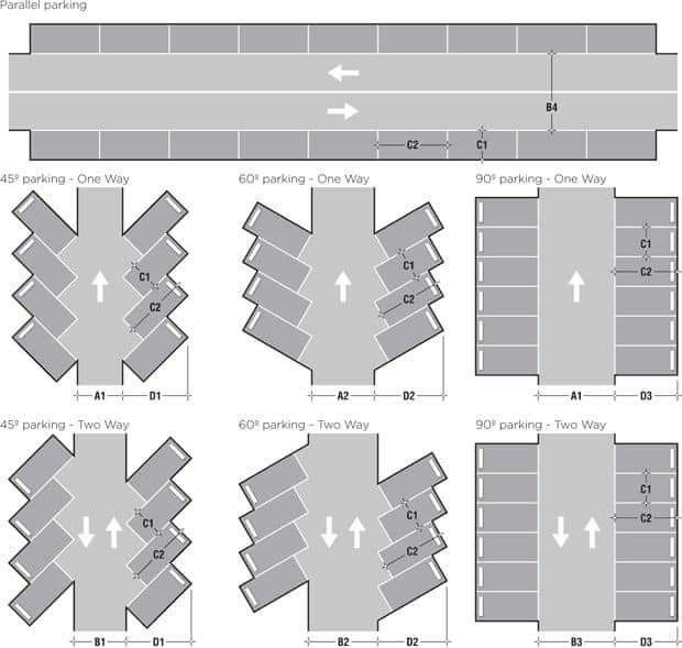 the floor plan for a parking lot with several different areas and directions to each area