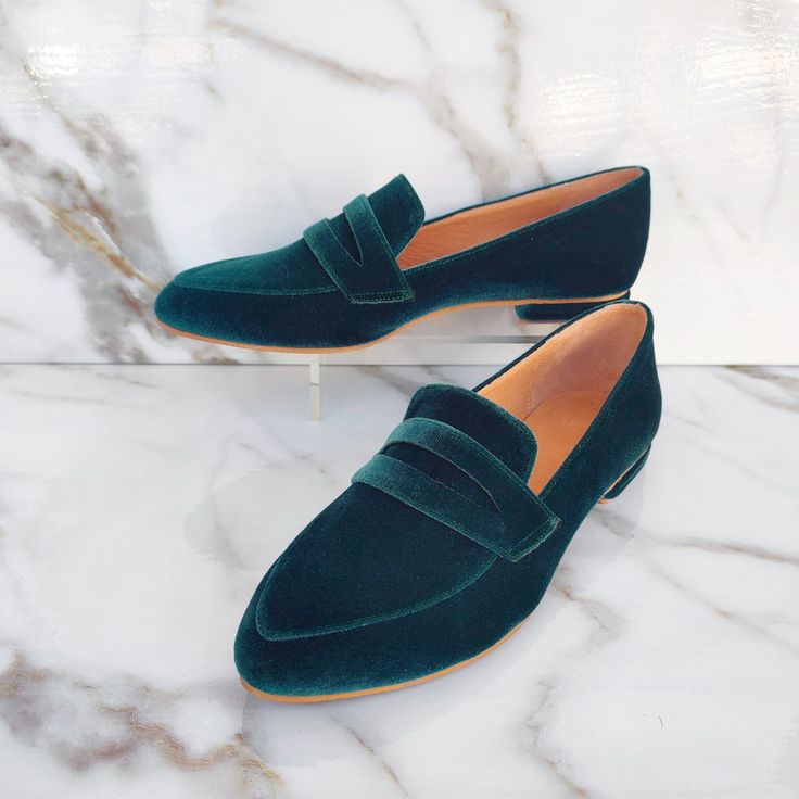 "DESCRIPTION Make a statement with your footwear choice.  Whether you're heading to a business meeting or a social gathering, our women's emerald velvet shoes are the perfect choice to showcase your unique style and impeccable taste. The low-heel design ensures all-day comfort, allowing you to wear these moccasins from morning meetings to evening events without missing a beat. These one-of-a-kind slip-on velvet shoes are not only stylish but also incredibly convenient. Slip them on and off effortlessly, saving you precious time when you're on the go. Crafted with attention to detail, our velvet loafers boast superior quality, ensuring durability and longevity. Get ready, these loafers will take you everywhere! If you are unsure about your size or require a different one, please send us an Green Formal Slip-ons With Round Toe, Slip-on Round Toe Dress Shoes For Fall, Slip-on Dress Shoes With Round Toe For Fall, Fall Slip-on Dress Shoes With Round Toe, Fall Gala Dress Shoes With Round Toe, Flat Heel Dress Shoes With Rubber Sole For Fall, Fall Dress Shoes With Flat Rubber Sole, Slip-on Oxfords With Round Toe For Galas, Green Round Toe Loafers For Formal Occasions