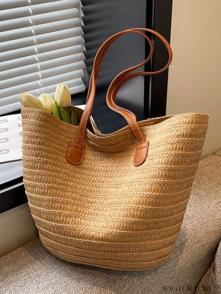 BagForLove - Spacious Khaki Straw Bag: Stylish Minimalist Tote Ideal for Summer Beach Travel Paper Plain, Paper Sizes Chart, Minimalist Tote, Bag Minimalist, Stylish Shoulder Bag, Women Essentials, Word Wrap, Beach Travel, Beach Tote