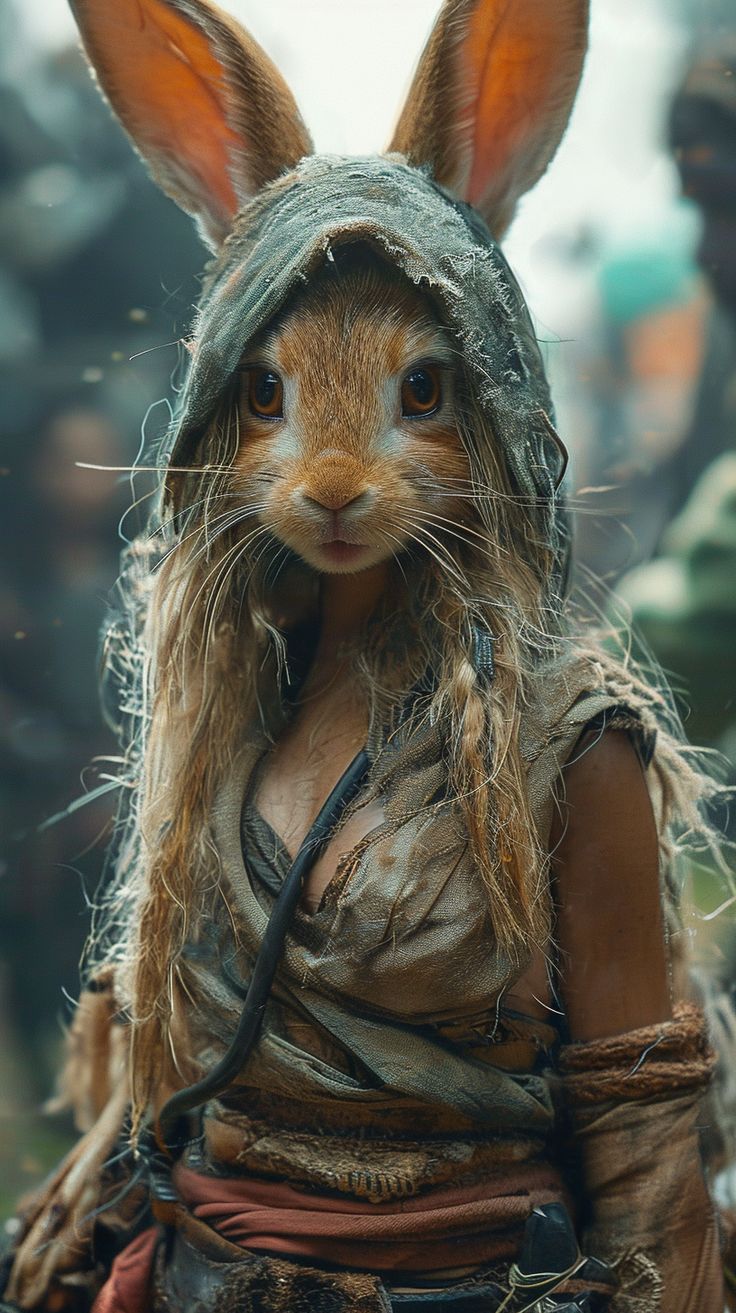 a close up of a person dressed as a rabbit with long hair and an outfit