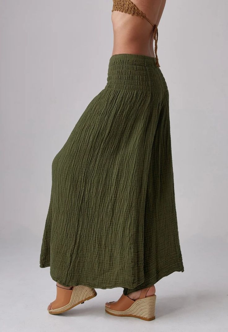 NO.290 Women's Smocked Waist Wide Leg Pants, Natural Fiber Flexible Casual Yoga Pants in Olive - Etsy Turkey Baggy Wide Leg Pants With Elastic Waistband For Beach, Green Ankle-length Bottoms With Elastic Waistband, Beach Cotton Bottoms With Smocked Bodice, Summer Long Skirt With Smocked Bodice, Bohemian Wide Leg Maxi Skirt With Pockets, Beach Bottoms With Smocked Bodice In Cotton, Spring Long Skirt With Smocked Bodice, Bohemian High Waist Wide Leg Pants With Elastic Waistband, Bohemian High-waist Wide Leg Pants With Elastic Waistband